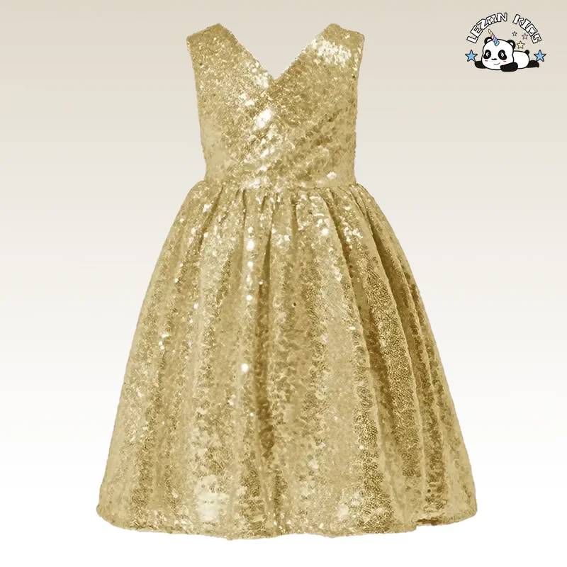 LEZONKIDS - Novo Vestido de Lantejoulas para Meninas, Saia Brilhante, Vestido de Malha Infantil, Vestido de Bolo com Laço Grande